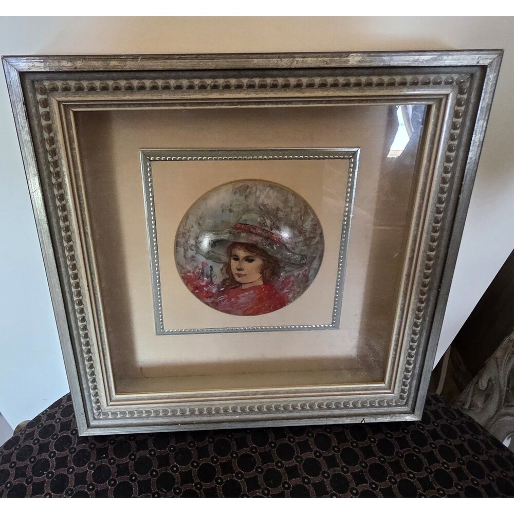 VINTAGE EdnaHibelFiore The Song of Life Porcelain Medallion Framed Art LADY EuC